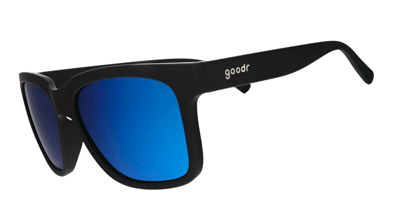 Black sunglasses with blue reflective lenses. Water repellent and capable of floating.