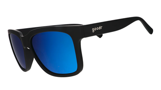 Black sunglasses with blue reflective lenses. Water repellent and capable of floating.