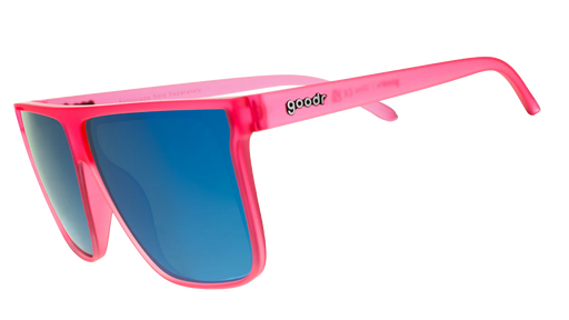 Hot pink translucent frames with teal reflective lenses. Wider-fit, flat-top sunglasses