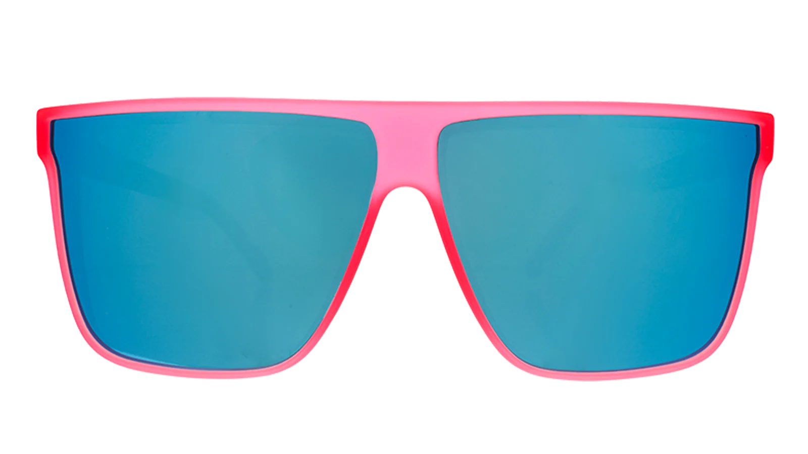 Hot pink translucent frames with teal reflective lenses. Wider-fit, flat-top sunglasses