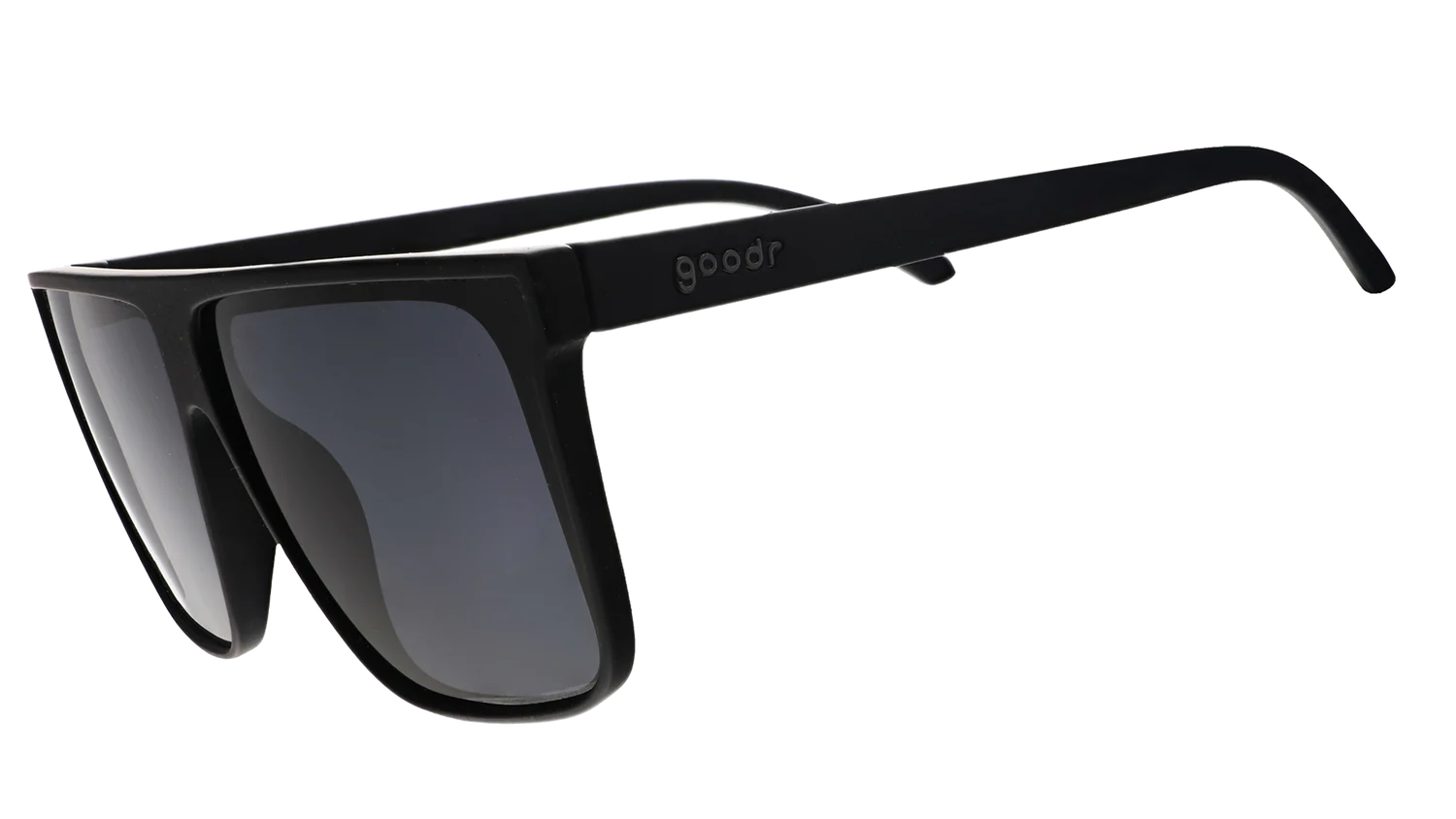 Black wide-fit, oversized sunglasses with non-reflective lenses.