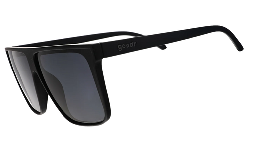 Black wide-fit, oversized sunglasses with non-reflective lenses.