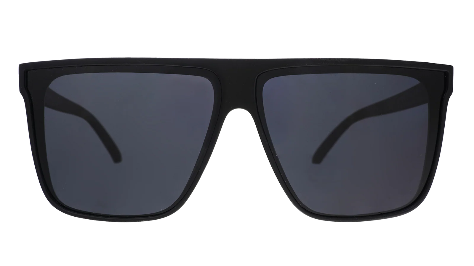 Black wide-fit, oversized sunglasses with non-reflective lenses.