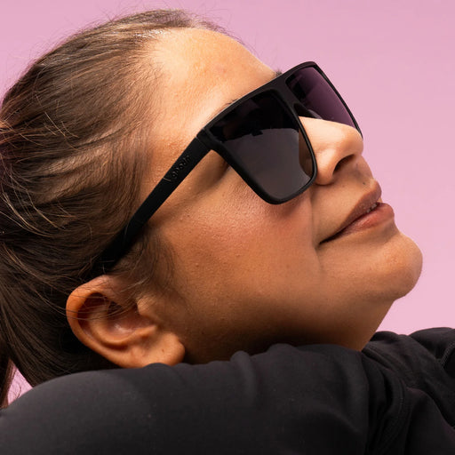 Style and fit showcase of black wide-fit, oversized sunglasses with non-reflective lenses.
