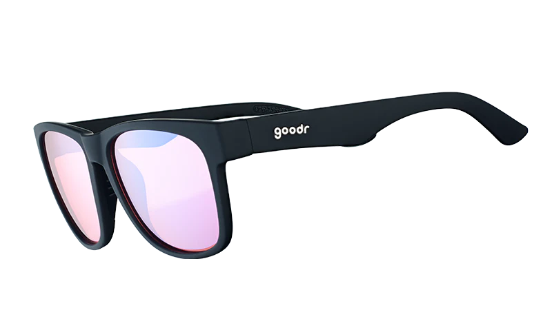 Large black sunglasses with rose-tinted, high contrast lenses. 