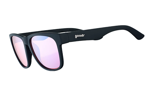 Large black sunglasses with rose-tinted, high contrast lenses. 
