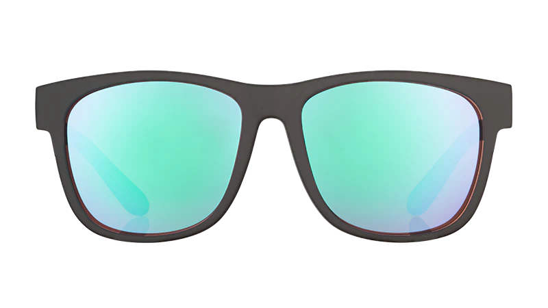 Large black sunglasses with rose-tinted, high contrast lenses.
