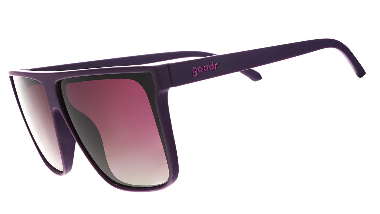 Oversized flat-top dark purple sunglasses with gradient lenses.