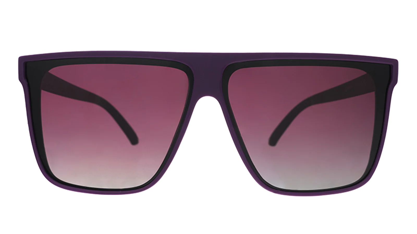 Oversized flat-top dark purple sunglasses with gradient lenses.