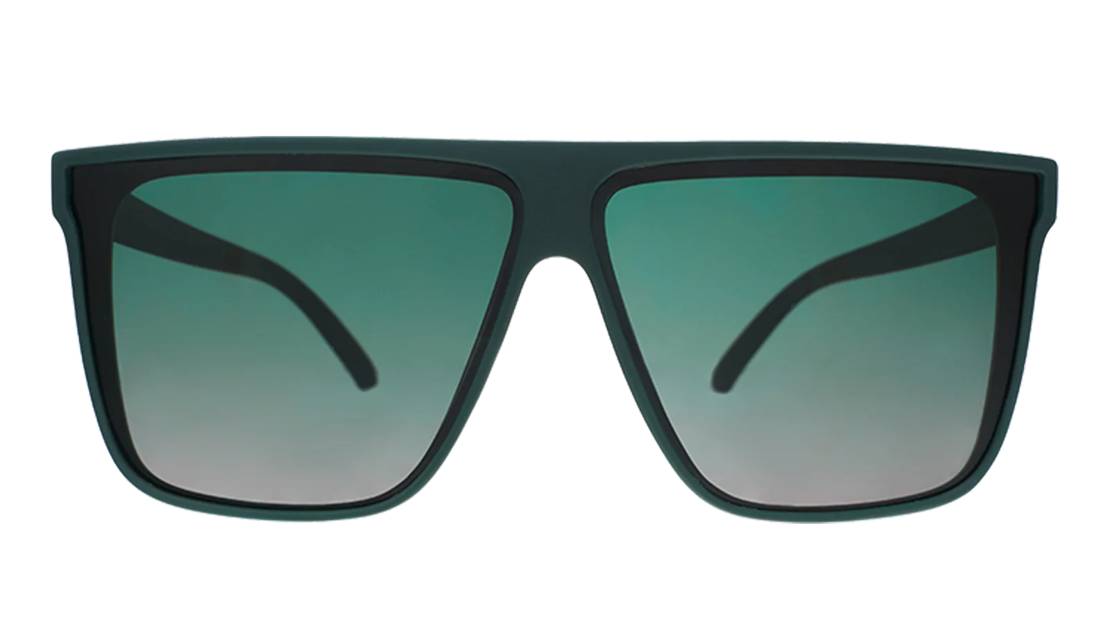 Dark green oversized flat-top sunglasses with gradient lenses for better ground visibility.