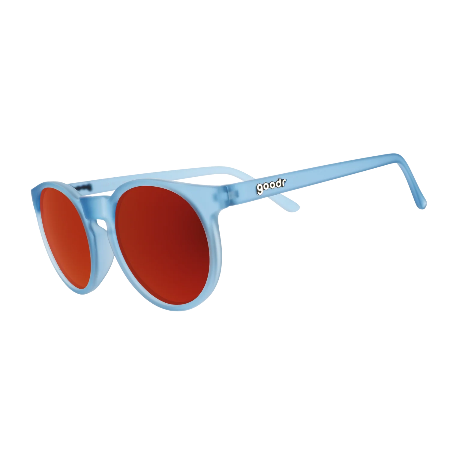 Dusty blue circle-shaped sunglasses with red reflective lenses. 
