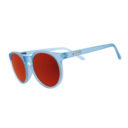 Dusty blue circle-shaped sunglasses with red reflective lenses. 