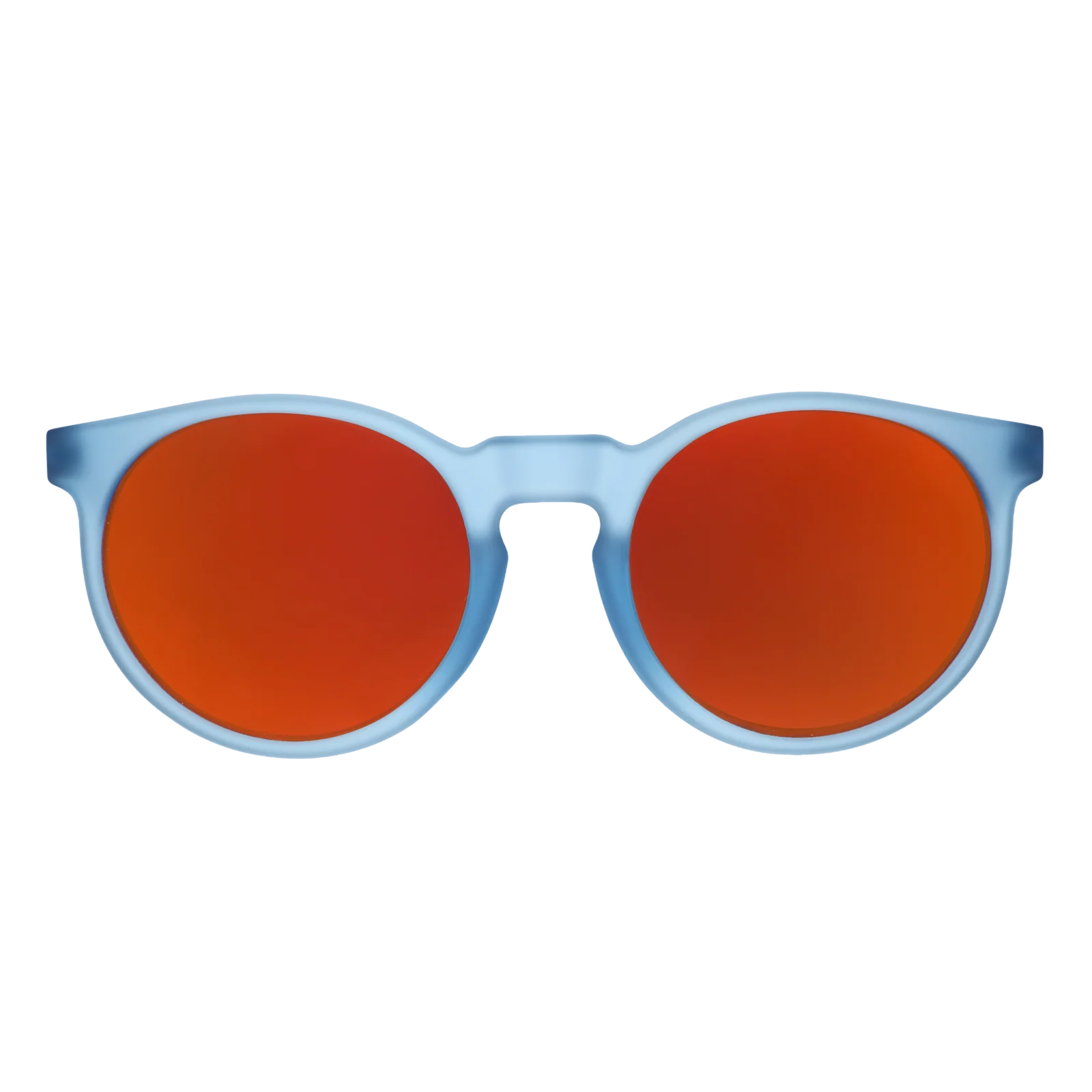Dusty blue circle-shaped sunglasses with red reflective lenses. 